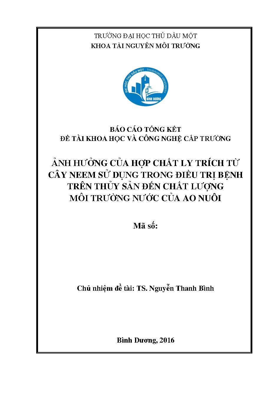 Ảnh hưởng của hợp chất ly trích  từ cây neem sử dụng trong điều trị bệnh trên thủy sản đến chất lượng môi trường nước của ao nuôi