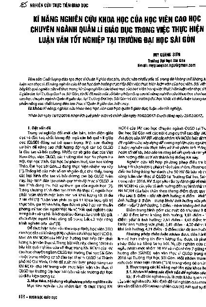 Kĩ năng nghiên cứu khoa học của học viên cao học chuyên ngành quản lí giáo dục trong việc thực hiện luận văn tốt nghiệp tại trường đại học Sài Gòn
