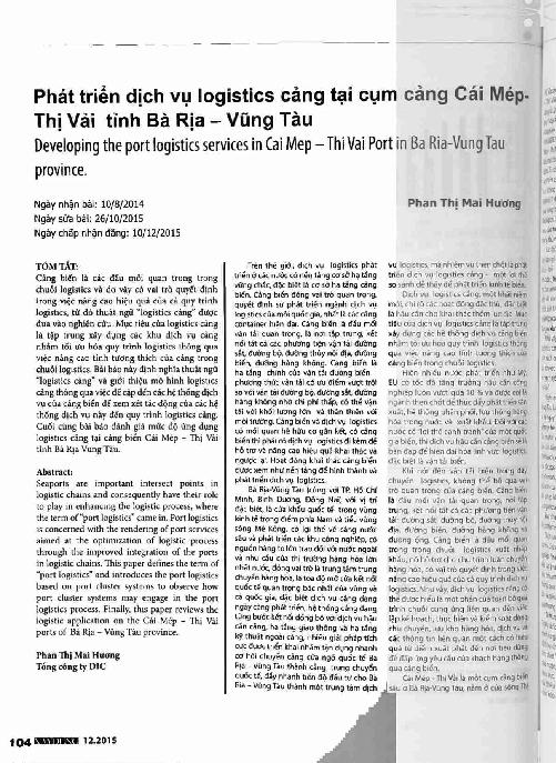 Phát triển dịch vụ logistics cảng tại cụm cảng Cái Mép - Thị Vải tỉnh Bà Rịa - Vũng Tàu =$bDeveloping the port logistics services in Cai Mep - Thi Vai Port in Ba Ria-Vung Tau