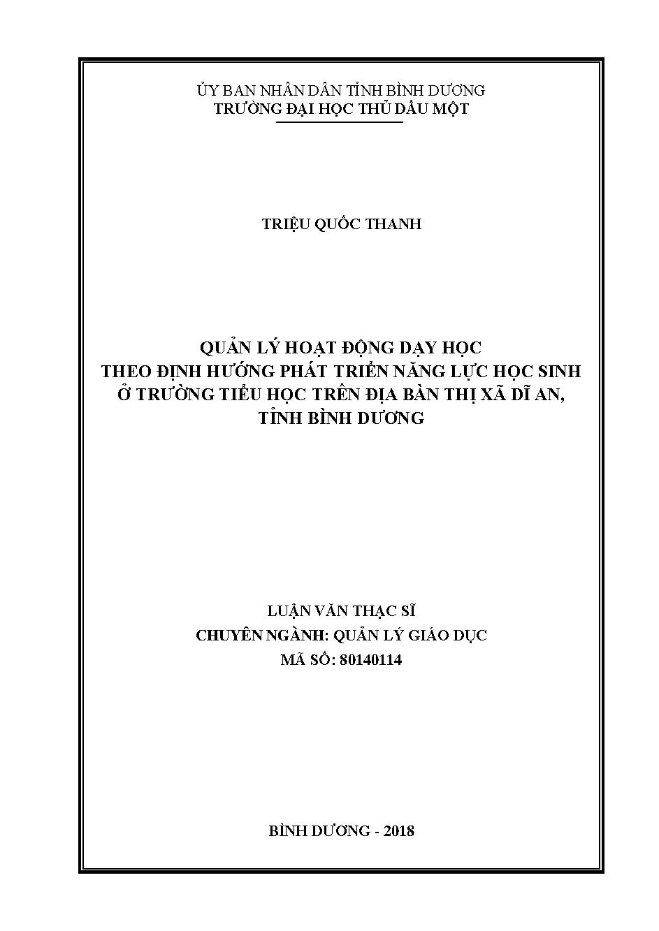 Quản lý hoạt động dạy học theo định hướng phát triển năng lực học sinh ở trường tiểu học trên địa bàn thị xã Dĩ An, tỉnh Bình Dương