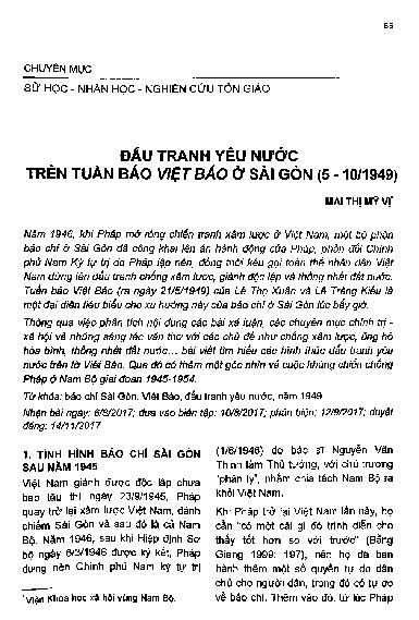 Đấu tranh yêu nước trên tuần báo Việt Báo ở Sài Gòn :$b5-10/1949