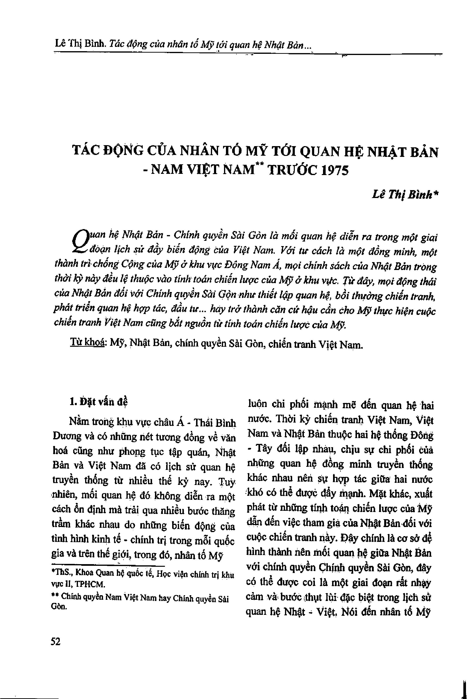 Tác động của nhân tố Mỹ tới quan hệ Nhật Bản - Việt Nam trước năm 1975