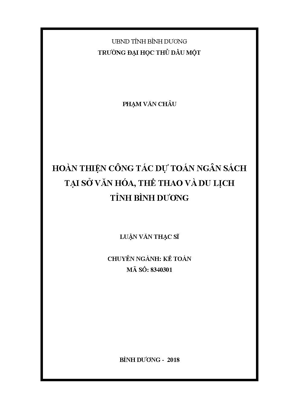 Hoàn thiện công tác dự toán ngân sách tại sở Văn hóa, Thể thao và du lịch tỉnh Bình Dương