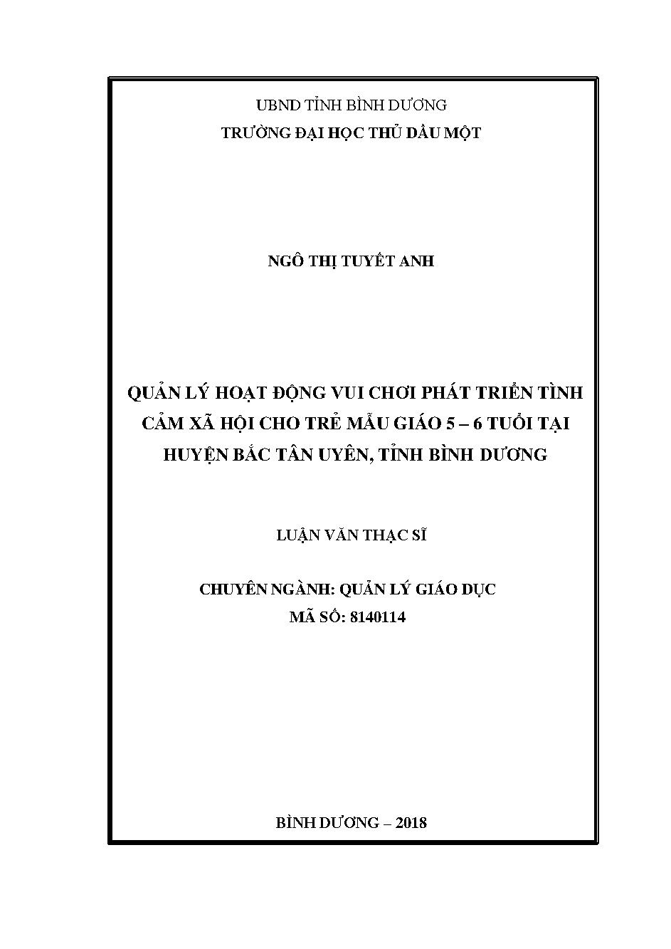 Quản lý hoạt động vui chơi phát triển tình cảm xã hội cho trẻ mẫu giáo 5-6 tuổi tại huyện Bắc Tân Uyên, tỉnh Bình Dương