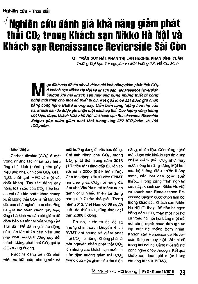 Nghiên cứu đánh giá khả năng giảm phát thải CO2 trong khách sạn Nikko Hà Nội và khách sạn Renaissance Revierside Sài Gòn