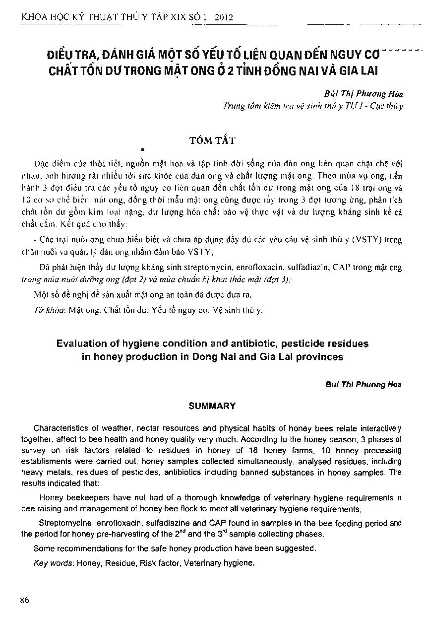 Điều tra, đánh giá một số yếu tố liên quan đến nguy cơ chất tồn dư trong mật ong ở hai tỉnh Đồng Nai và Gia Lai