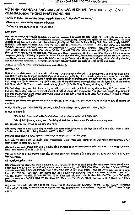 Mô hình kháng kháng sinh của các vi khuẩn đa kháng tại bệnh viện đa khoa thống nhất Đồng Nai