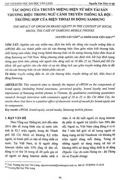 Tác động của truyền miệng điện tử đến tài sản thương hiệu trong ngữ cảnh truyền thông xã hội -Trường hợp của điện thoại di động Samsung =$bThe impact of ewom on brand equity in the context of social media. the case of Samsung mobile phones