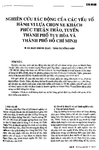 Nghiên cứu tác động của các yếu tố hành vi lựa chọn xe khách Phúc Thuận Thảo, tuyến thành phố Tuy Hòa và thành phố Hồ Chí Minh