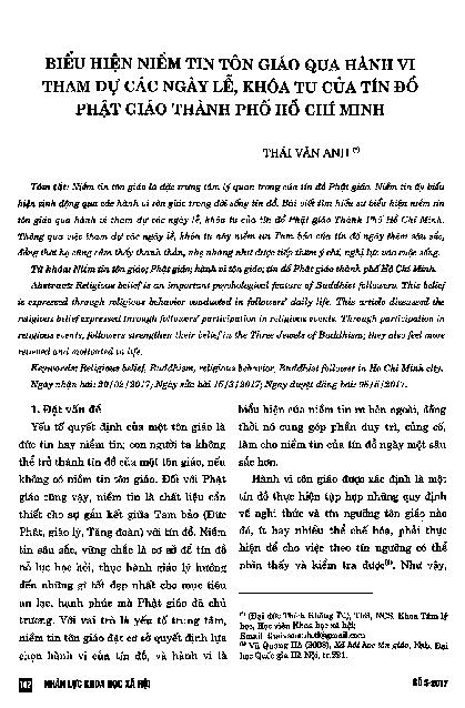 Biểu hiện niềm tin tôn giáo qua hành vi tham dự các ngày lễ, khóa tu của tín đồ phật giáo thành phố Hồ chí Minh