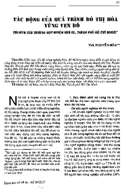 Tác động của quá trình đô thị hóa vùng ven đô :$bNghiên cứu trường hợp huyện Nhà Bè, thành phố Hồ Chí Minh