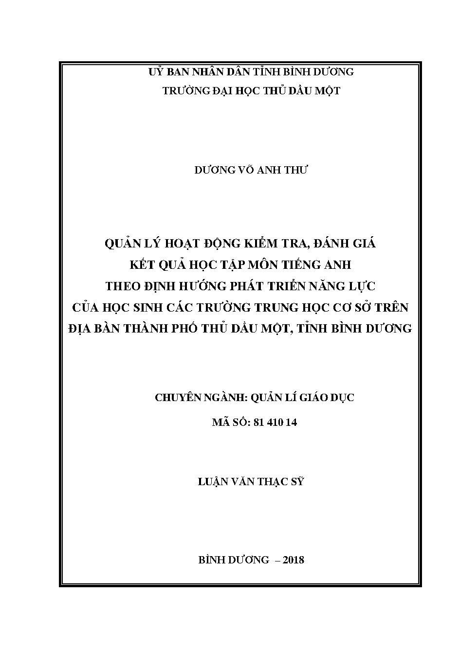 Quản lý hoạt động kiểm tra, đánh giá kết quả học tập môn tiếng Anh theo định hướng phát triển năng lực của học sinh các trường trung học cơ sở trên địa bàn thành phố Thủ Dầu Một, tỉnh Bình Dương