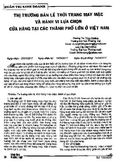 Thị trường bán lẻ thời trang may mặc và hành vi lựa chọn cửa hàng tại các thành phố lớn ở Việt Nam