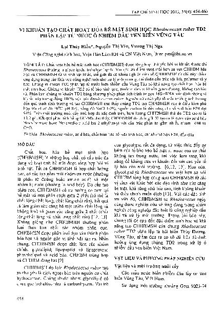 Vi khuẩn tạo chất hoạt hóa bề mặt sinh học Rhodococcus ruber TD2 phân lặp từ nước ô nhiễm dầu ven biển Vũng Tàu