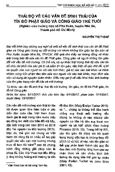 Thái độ về các vấn đề sinh thái của  tín đồ phật giáo và công giáo trẻ tuổi :$bNghiên cứu trường hợp xã Phú Xuân, huyện Nhà Bè, Thành phố Hồ Chí Minh