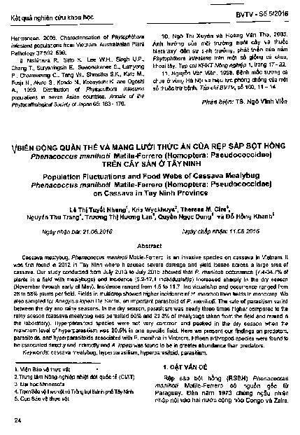 Biến động quần thể và mạng lưới thức ăn của rệp sáp bột hồng Phenacoccus manihoti Matile-Ferrero (Homoptera: Pseudococcida) trên cây sắn ở Tây Ninh :$bPopulation Fluctuations and Food Webs of Cassava Mealybug Phenacoccus inanihoti Matile-Ferrero (Homopter