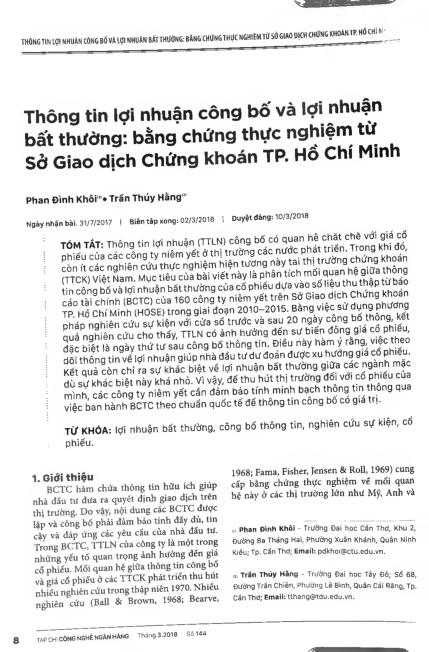 Thông tin lợi nhuận công bố và lợi nhuận bất thường: Bằng chứng thực nghiệm từ sở giao dịch chứng khoán TP. Hồ Chí Minh