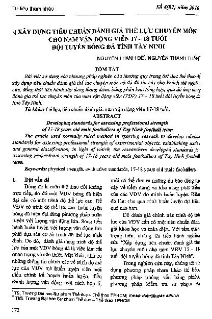 Xây dựng tiêu chuẩn đánh giá thể lực chuyên môn cho nam vận động viên 17-18 tuổi đội tuyển bóng đá Tây Ninh