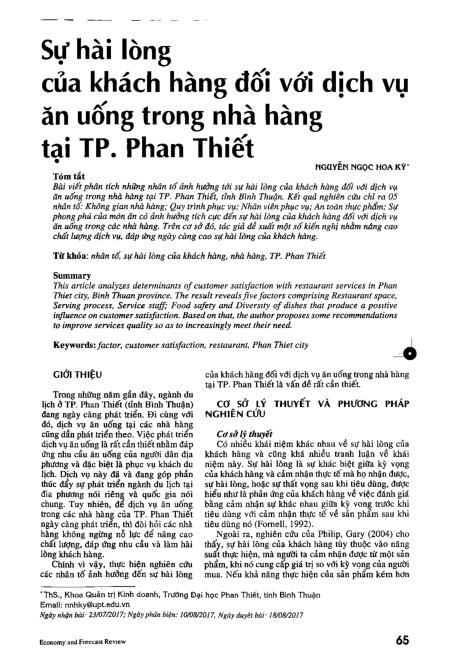 Sự hài lòng của khách hàng đối với dịch vụ ăn uống trong nhà hàng tại TP. Phan Thiết