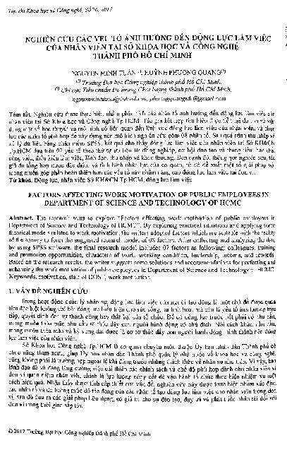 Nghiên cứu các yếu tố ảnh hưởng đến động lực làm việc của nhân viên tại sở khoa học và công nghệ thành phố Hồ Chí Minh