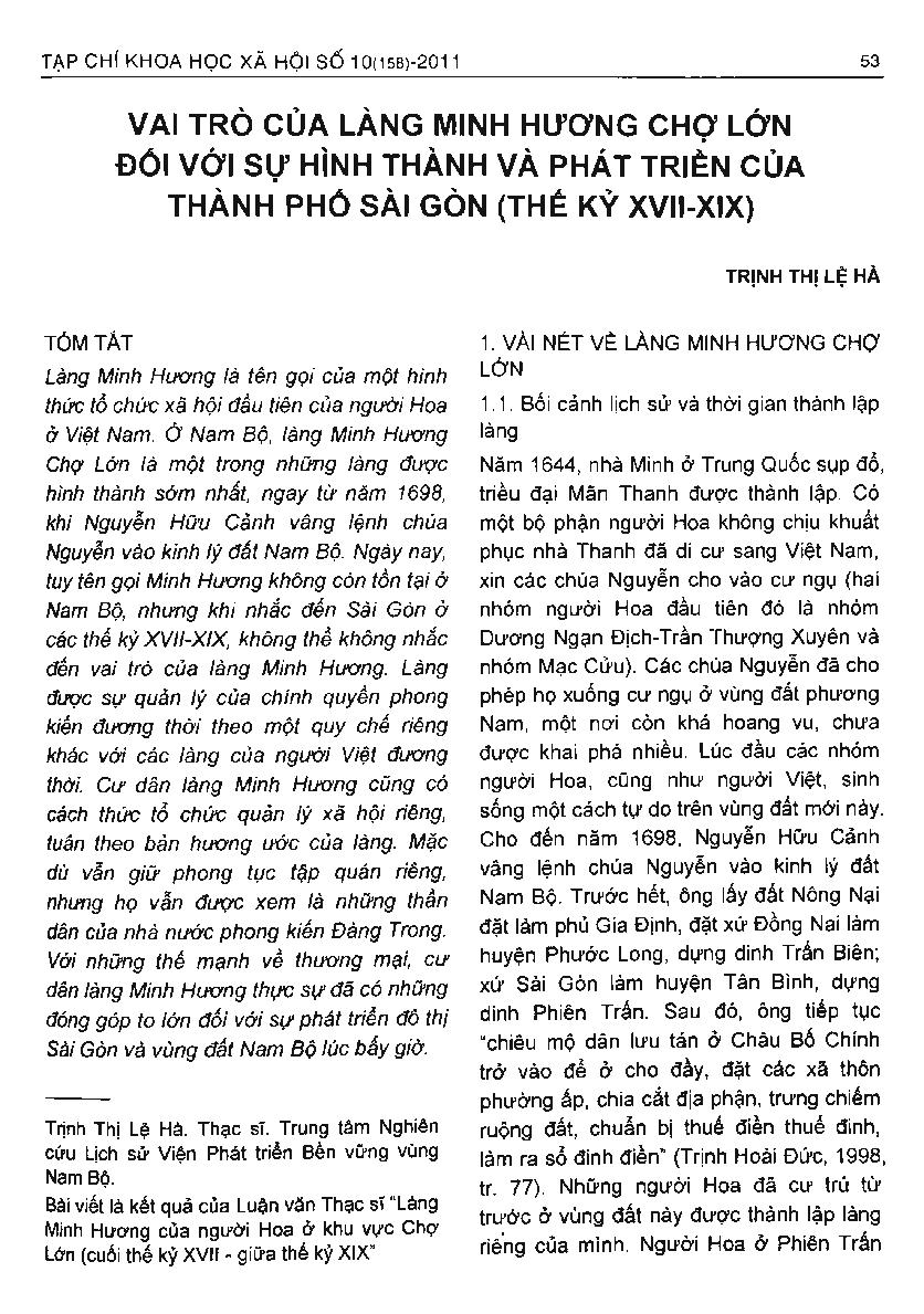 Vai trò của làng Minh Hương Chợ Lớn đối với sự hình thành và phát triển của thành phố Sài Gòn (Thế kỷ XVII-XIX)