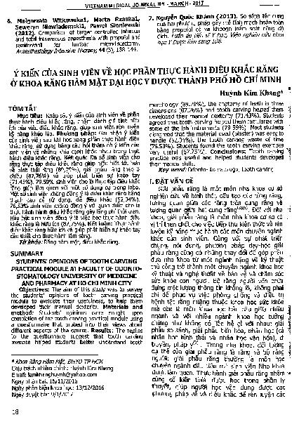 Ý kiến sinh viên về học phần thực hành về học phần thực hành điêu khắc răng ở khoa răng hàm mặt đại học Y dược thành phố Hồ Chí Minh