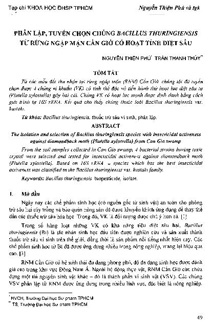 Phân lập, tuyển chọn chủng bacillus thuringiensis từ rừng ngập mặn cần giờ có hoạt tính diệt sâu