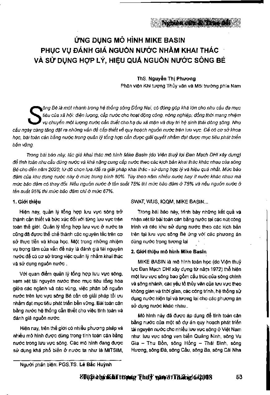 Ứng dụng mô hình Mike Basin phục vụ đánh giá nguồn nước nhằm khai thác và sử dụng hợp lý, hiệu quả nguồn nước sông Bé
