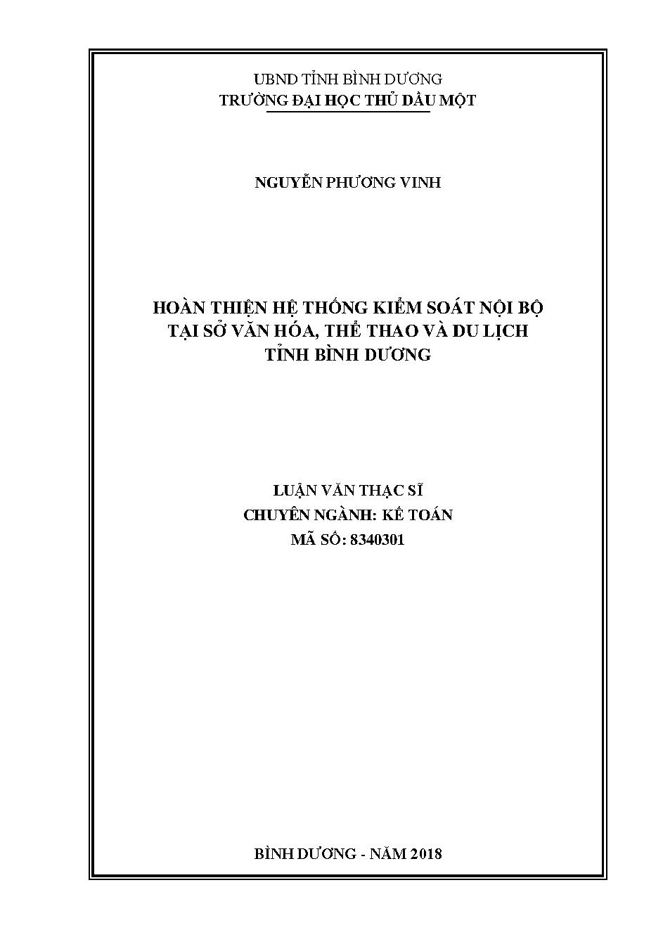 Hoàn thiện hệ thống kiểm soát nội bộ tại sở văn hóa, Thể thao và du lịch tỉnh Bình Dương