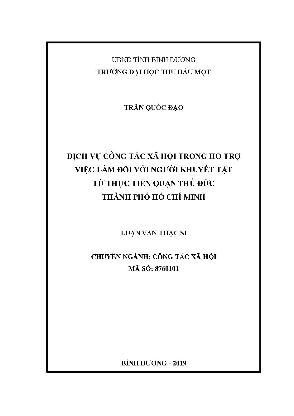 Dịch vụ công tác xã hội trong hỗ trợ việc làm đối với người khuyết tật từ thực tiễn quận Thủ Đức thành phố Hồ Chí Minh