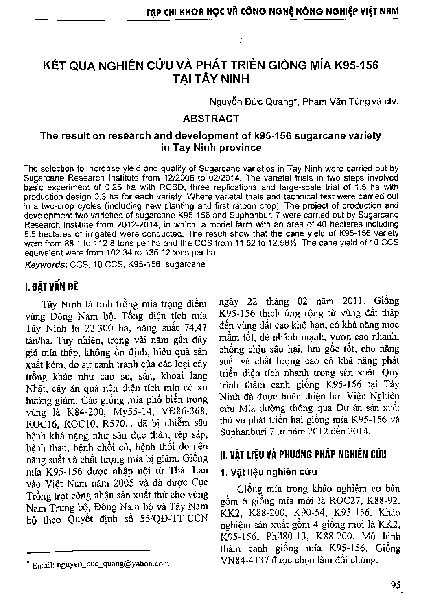 Kết quả nghiên cứu và phát triển giống mía K95-156 tại Tây Ninh