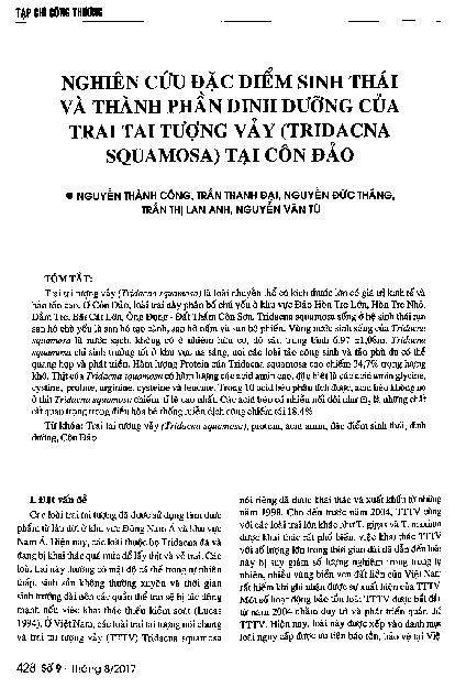 Nghiên cứu đặc điểm sinh thái và thành phần dinh dưỡng của trai tai tượng vảy (tridacna squamosa) tại Côn Đảo