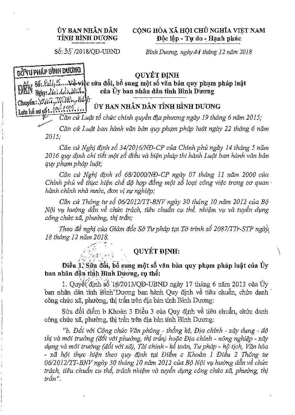 Quyết định 35/2018/QĐ-UBND Về việc sử đổi, bổ sung một số văn bản quy phạm pháp luật của Ủy ban nhân dân tỉnh Bình Dương