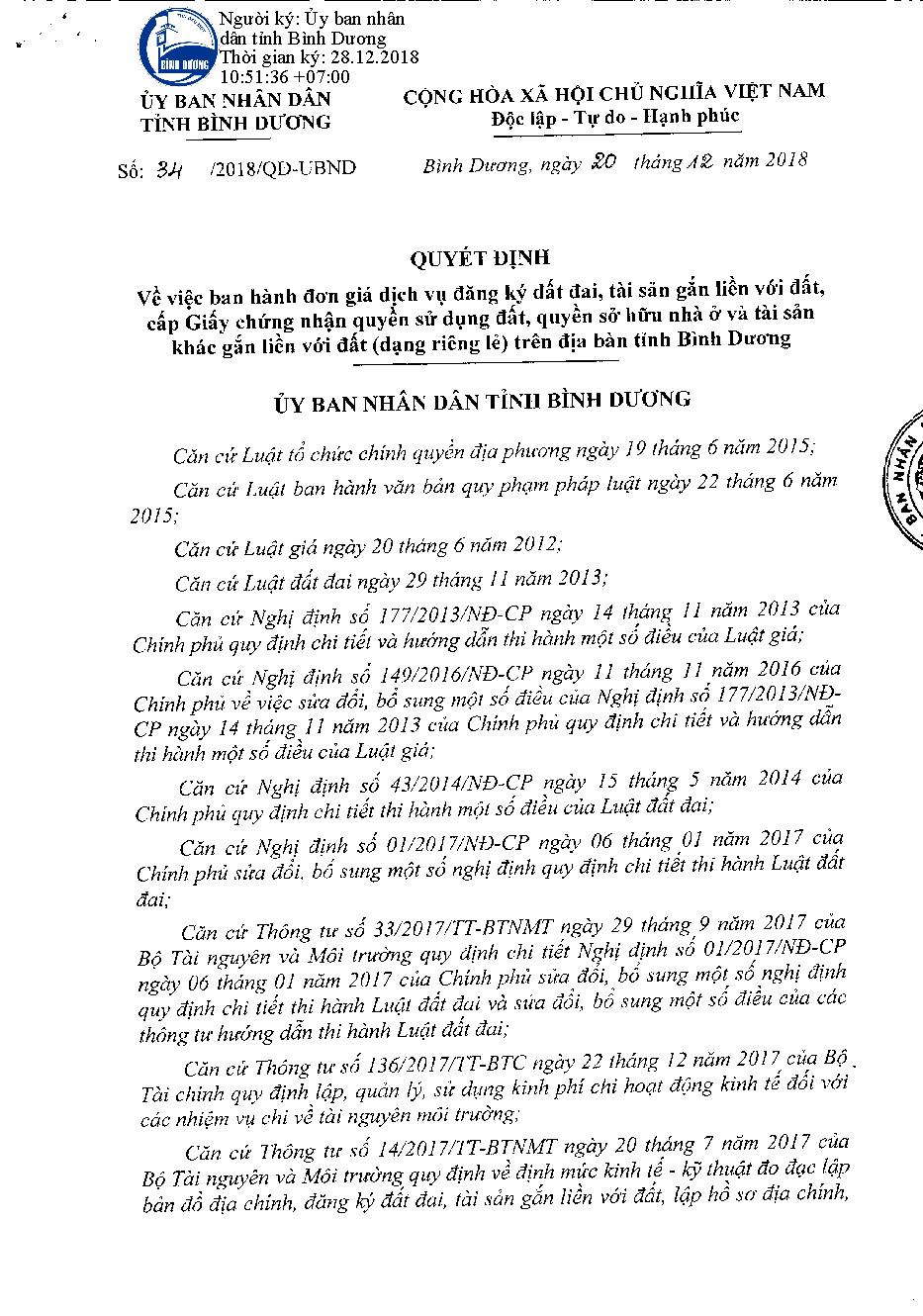 Quyết định số 34/2018/QĐ-UBND Về việc ban hành đơn giá dịch vụ đất đai, tài sản gắn liền với đất, cấp giấy chứng nhận quyền sử dụng đất, quyền sở hữu nhà ở và tài sản khác gắn liền với đất (dạng riêng lẻ) trên địa bàn tỉnh
