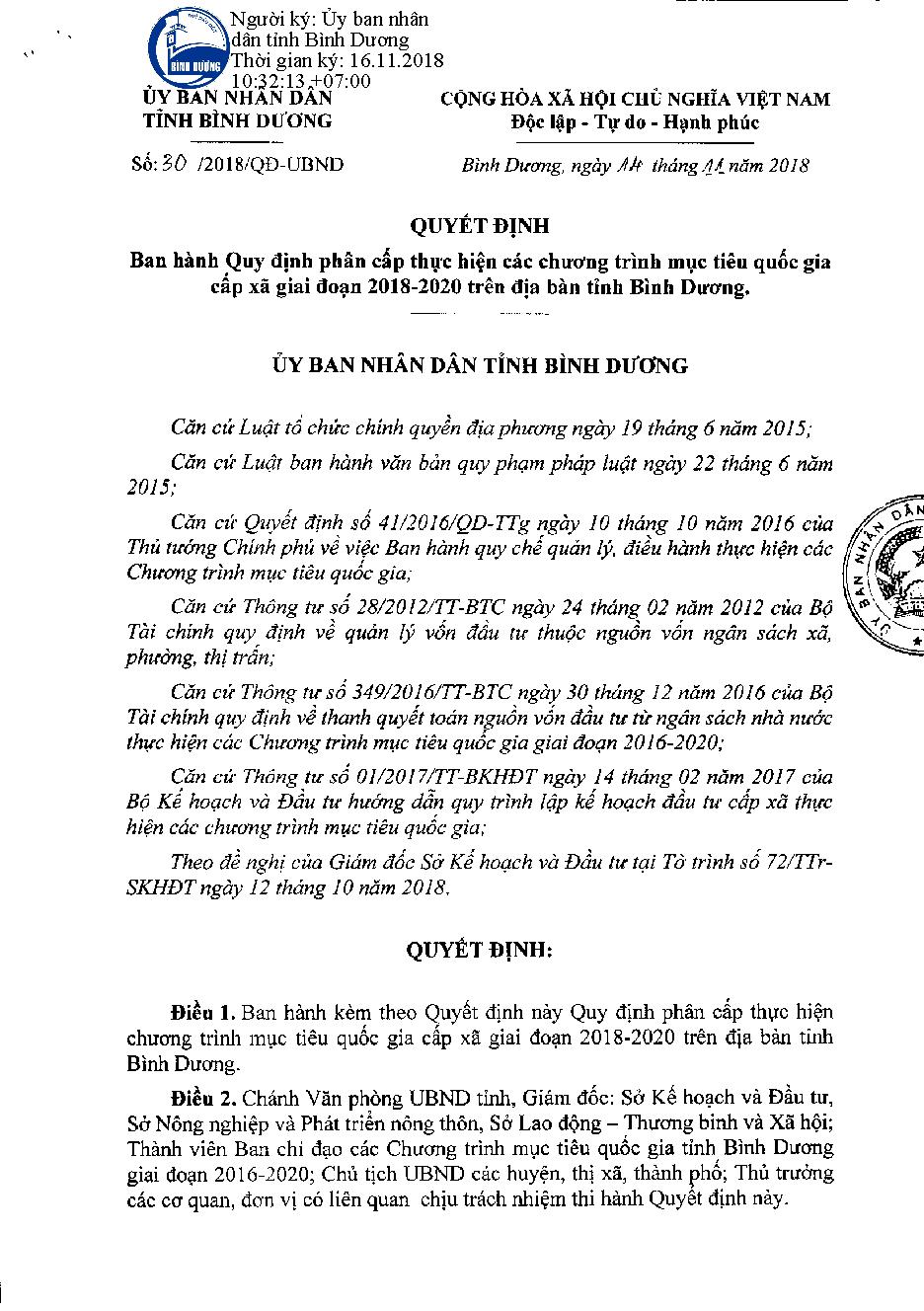 Quyết định số 30/2018/QĐ-UBND ban hành quy định phân cấp thực hiện các chương trình mục tiêu quốc gia cấp xã giai đoạn 2018-2010 trên địa bàn tỉnh Bình Dương