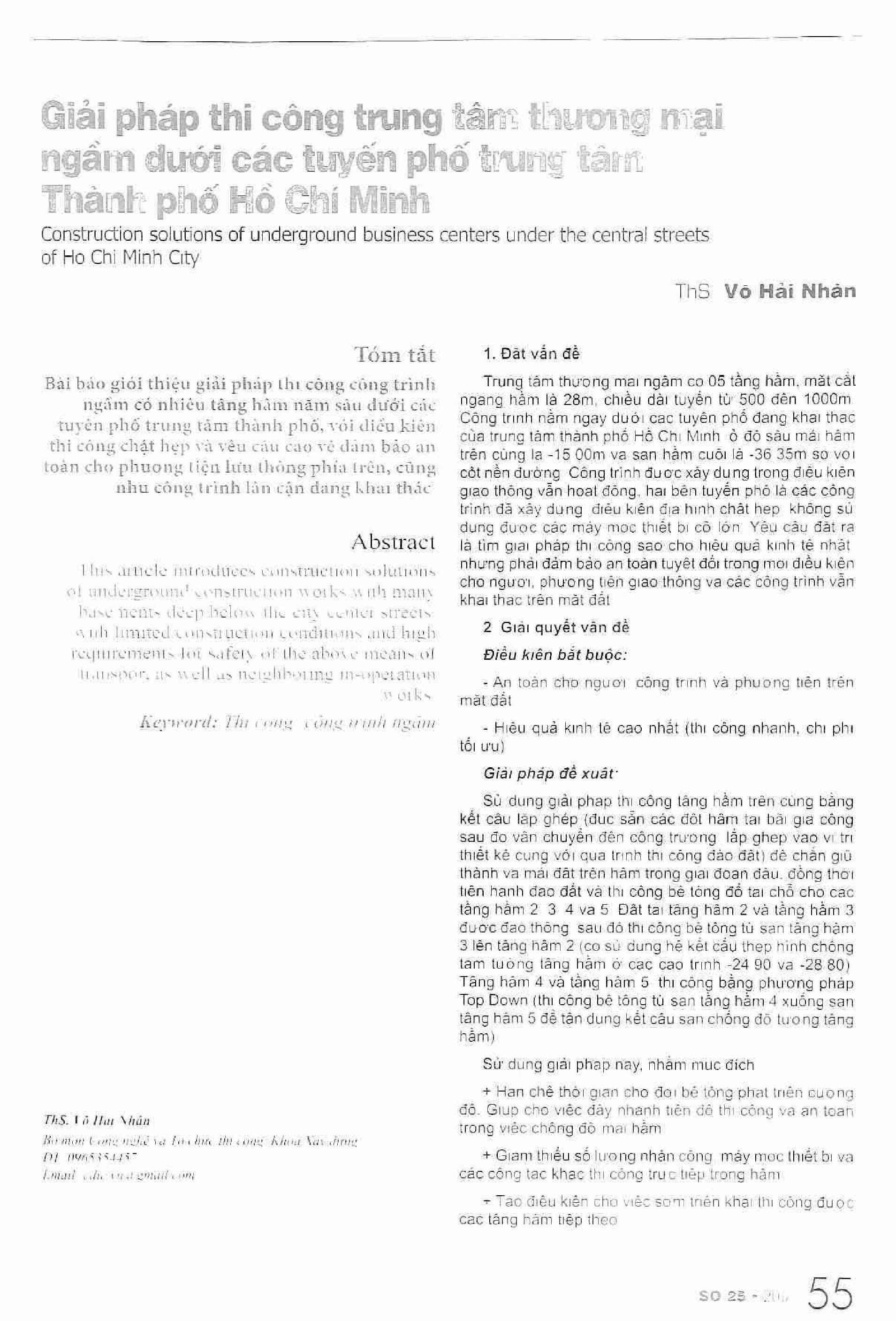 Giải pháp thi công trung tâm thương mại ngầm dưới các tuyến phố trung tâm thành phố Hồ Chí Minh =$bConstruction solutions of underground business centers under  the central streets of Ho Chi Minh city