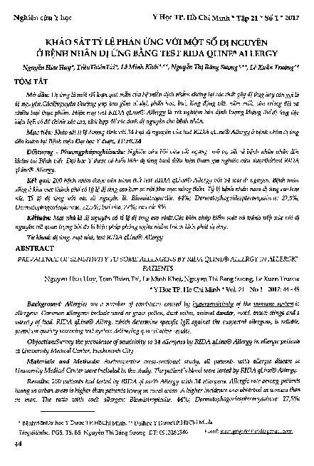 Khảo sát tỷ lệ phản ứng với một số dị nguyên ở bênh nhân dị ứng bằng test rida qlina allergy