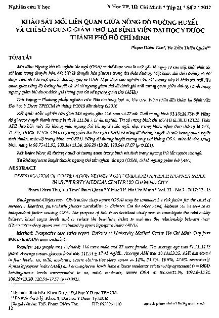Khảo sát mối liên quan giữa  nồng độ đường huyết  và chỉ số ngưng giảm thở tại bệnh viện đại học y dược thành phố Hồ Chí Minh