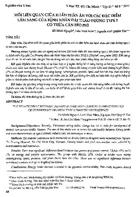 Mối liên quan giữa khẩu phần ăn với các đặc điểm lâm sàng của bệnh nhân đái tháo đường Type2, có thừa cân béo phì