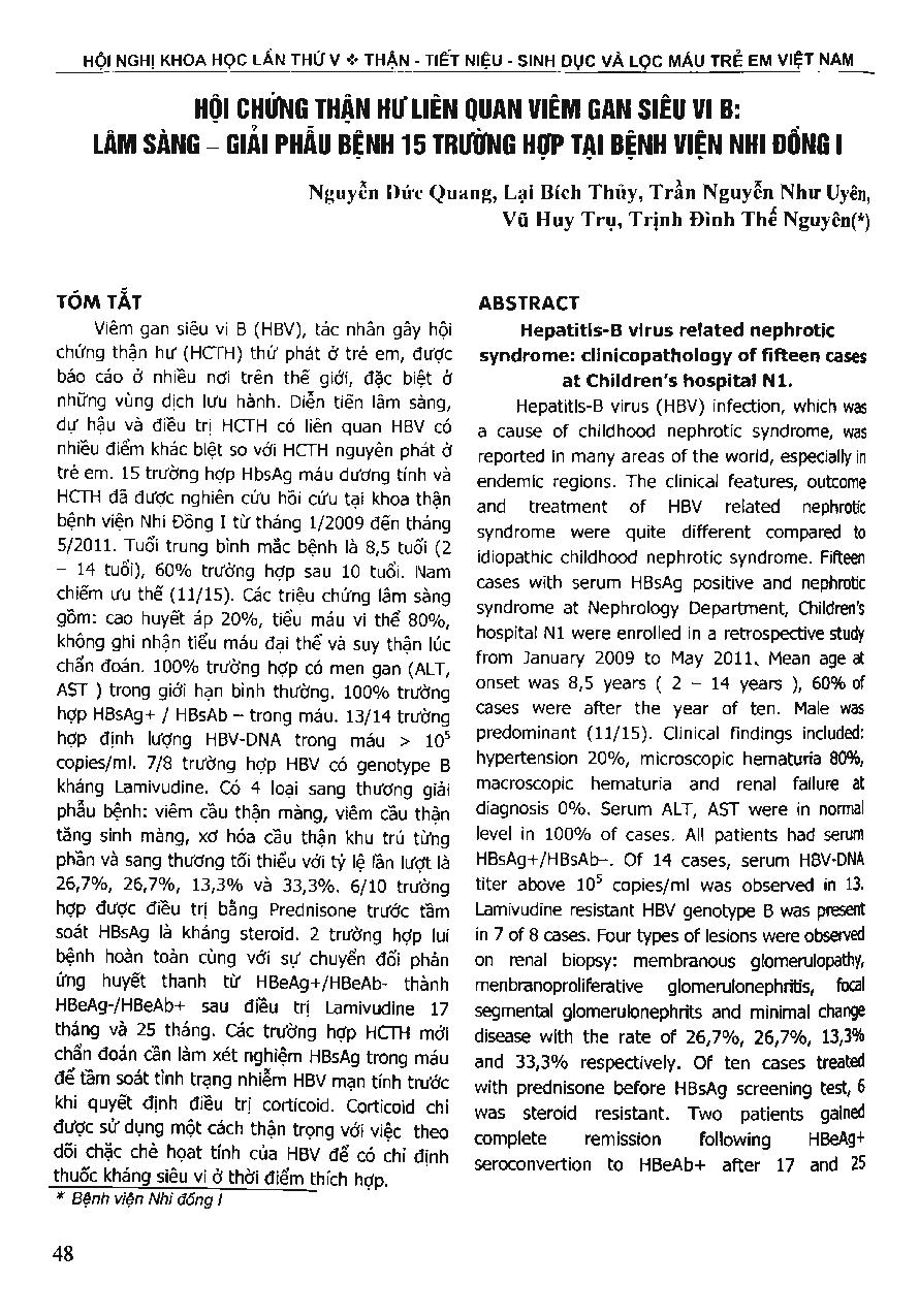 Hội chứng thận hư liên quan viêm gan siêu vi B: Lâm sàng - giải phẫu bệnh 15 trường hợp tại bệnh viện nhi đồng I