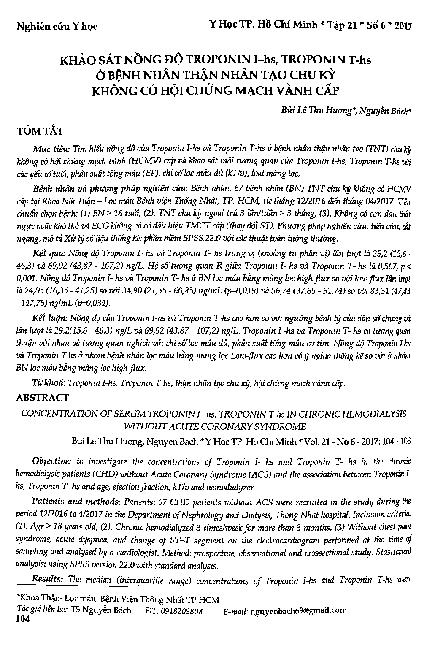 Khảo sát nồng độ troponin i-hs, troponin t-hs  ở bệnh nhân thận nhân tạo chu kỳ không có  hội chứng mạch vành cấp