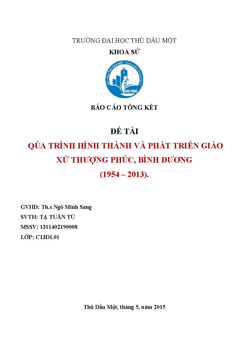 Quá trình hình thành và phát triển giáo xứ thượng phúc, Bình Dương (1954-2013)