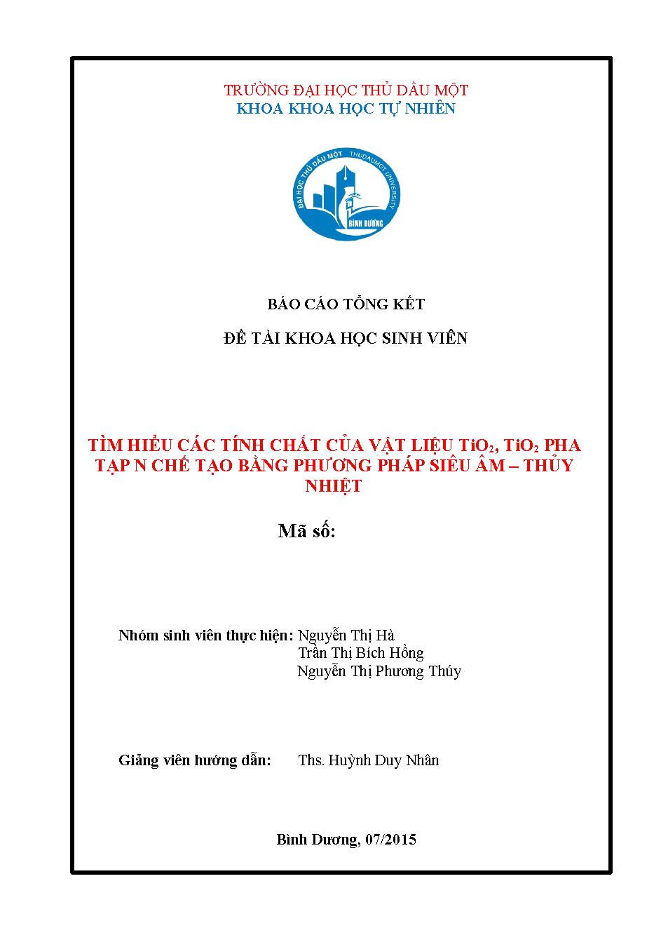 Tìm hiểu các tính chất của vật liệu tiO2, TiO2 pha tạp N chế tạo bằng phương pháp siêu âm - thủy nhiệt