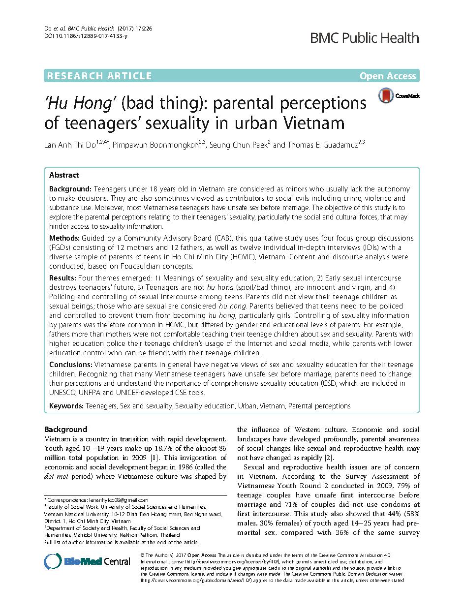 Hu hong(bad thing): parental perceptions of teenagersâ€™ sexuality in urban Vietnam