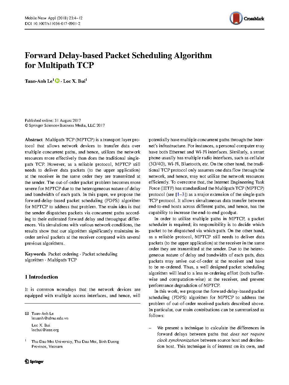 Forward Delay-based Packet Scheduling Algorithm for Multipath TCP