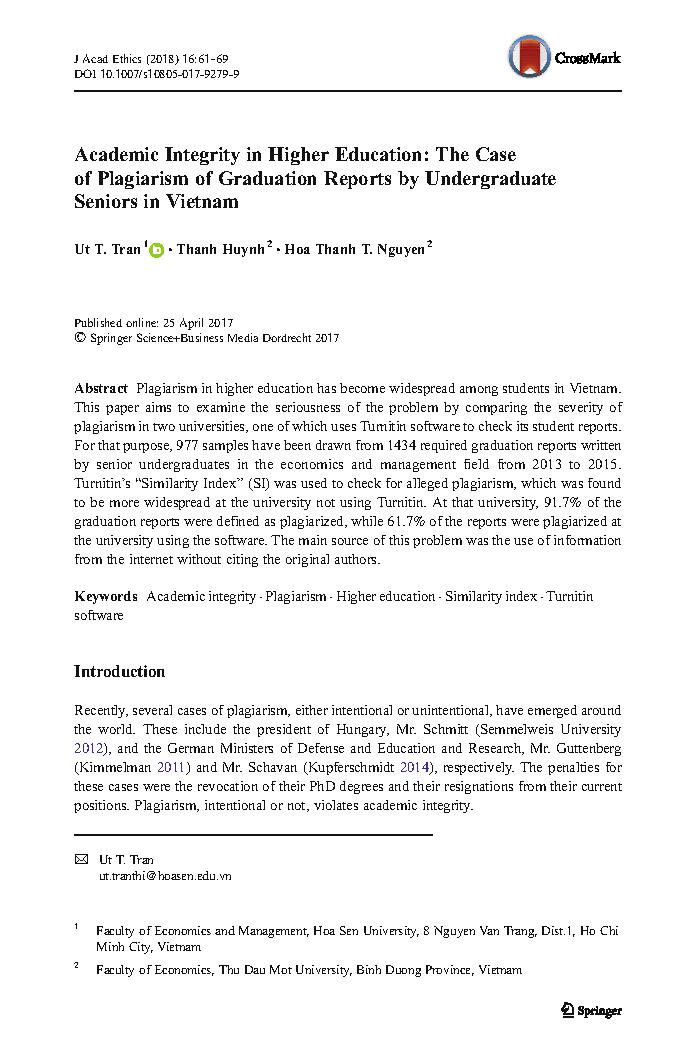 Academic Integrity in Higher Education: The Case of Plagiarism of Graduation Reports by Undergraduate SeniorsinVietnam