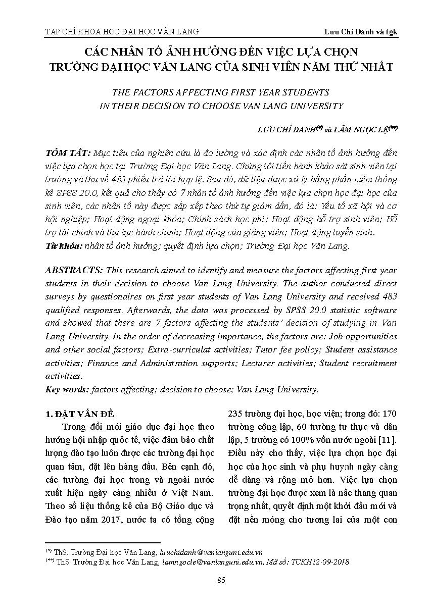 Các nhân tố ảnh hưởng đến việc lựa chọn trường đại học Văn Lang của sinh viên năm thứ nhất =$bThe factors affecting first year students in their decision to choose Van Lang university