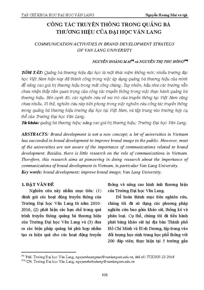 Công tác truyền thông trong quảng bá thương hiệu của trường đại học Văn Lang =$bCommunication activities in brand development strategy of Van Lang university