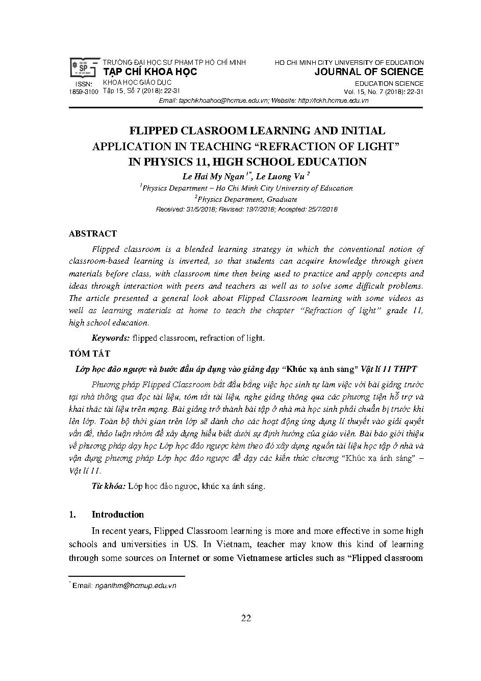 Flipped clasroom learning and initial application in teaching â€œrefraction of lightâ€ in physics 11, high school education