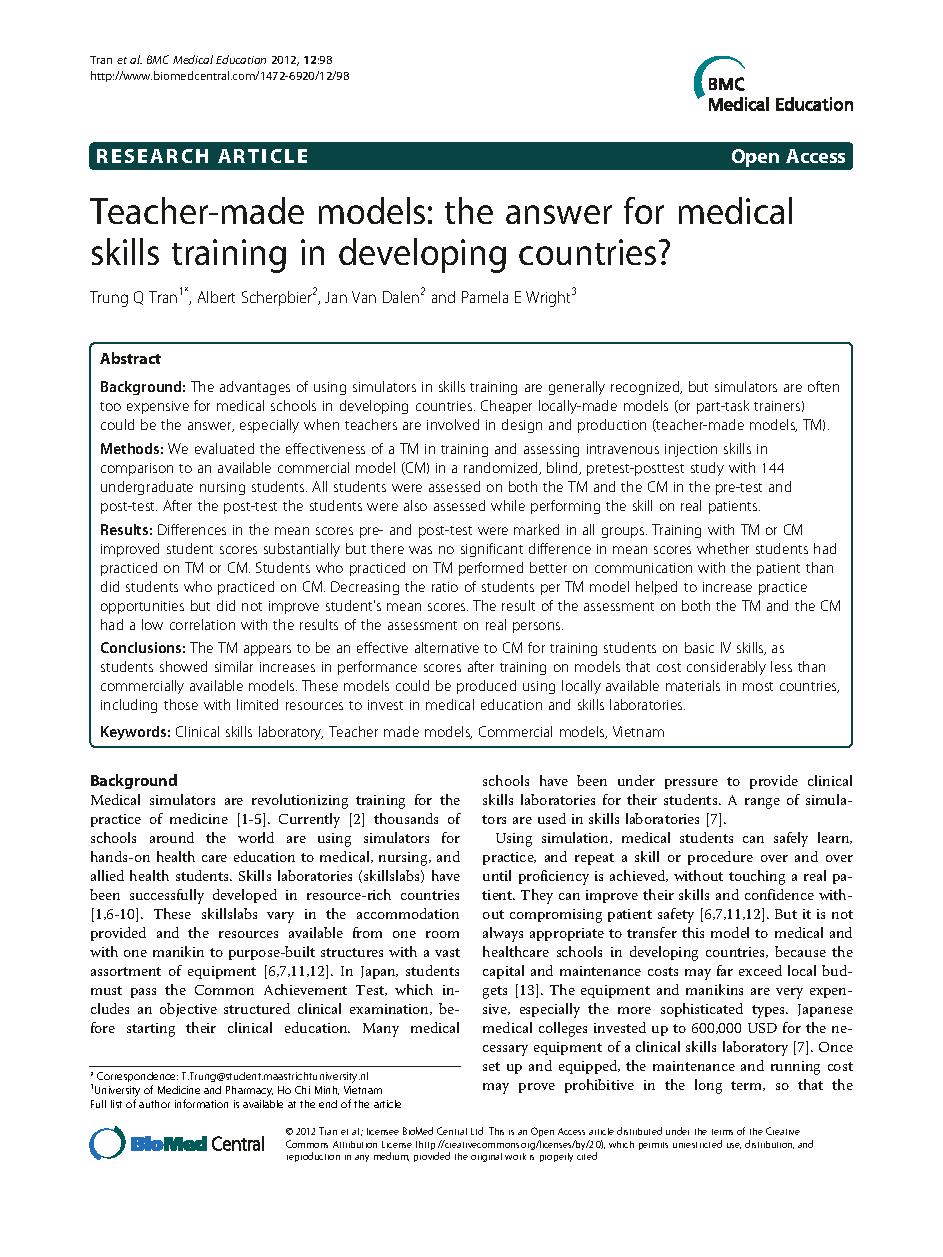 Teacher-made models: the answer for medical skills training in developing countries?